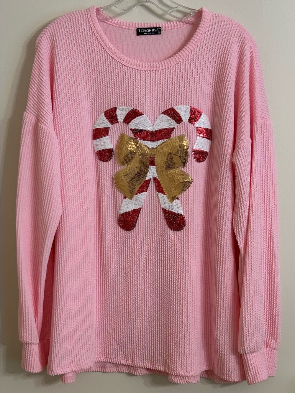 NWOT HEIMISH USA Pink Ribbed Knit Top with Sequin Candy Canes & Gold Bow